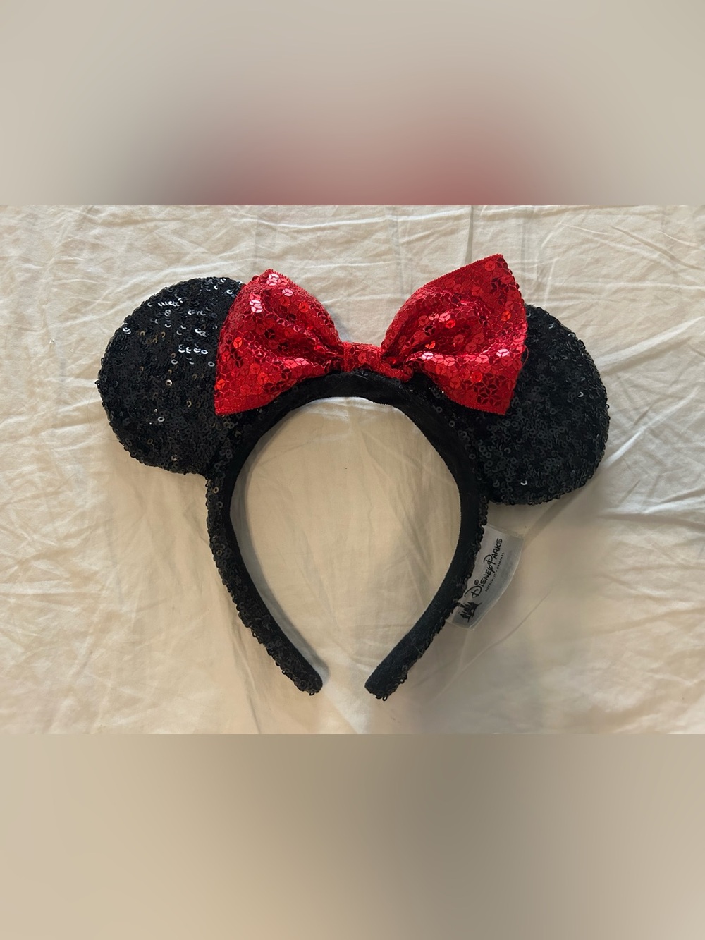 Disney Black Sequin Minnie Ears Headband with Red Bow